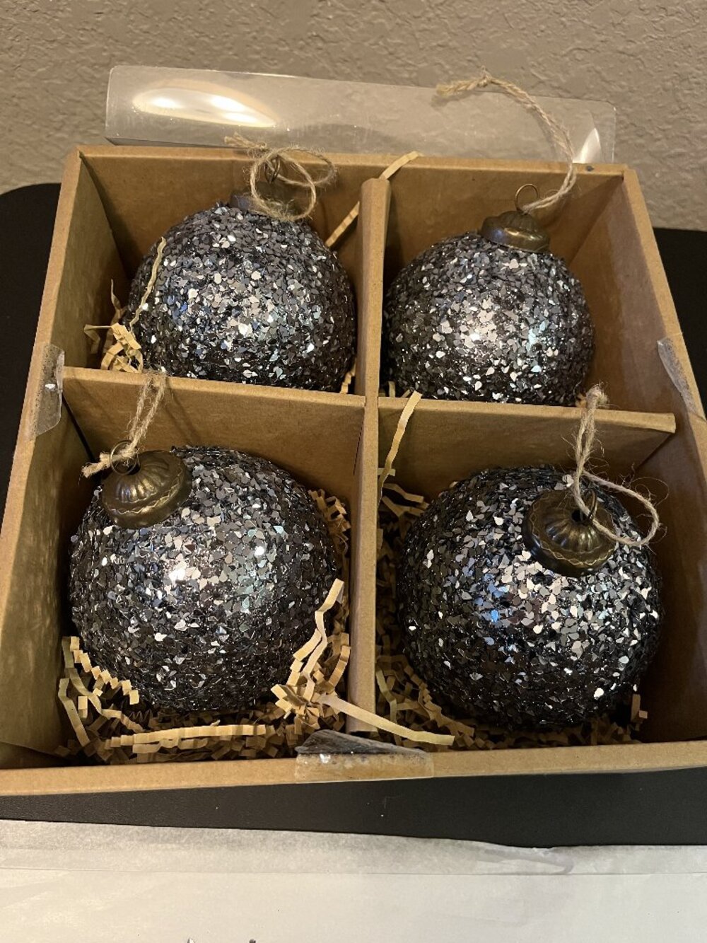 Pottery Barn Set of 4 German Glitter Round Blue Christmas Tree Ornaments